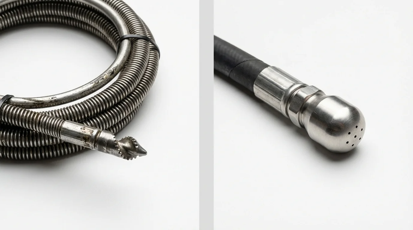 Drain snake cable and hydro jetting nozzle used for drain cleaning in Lindsay, OK