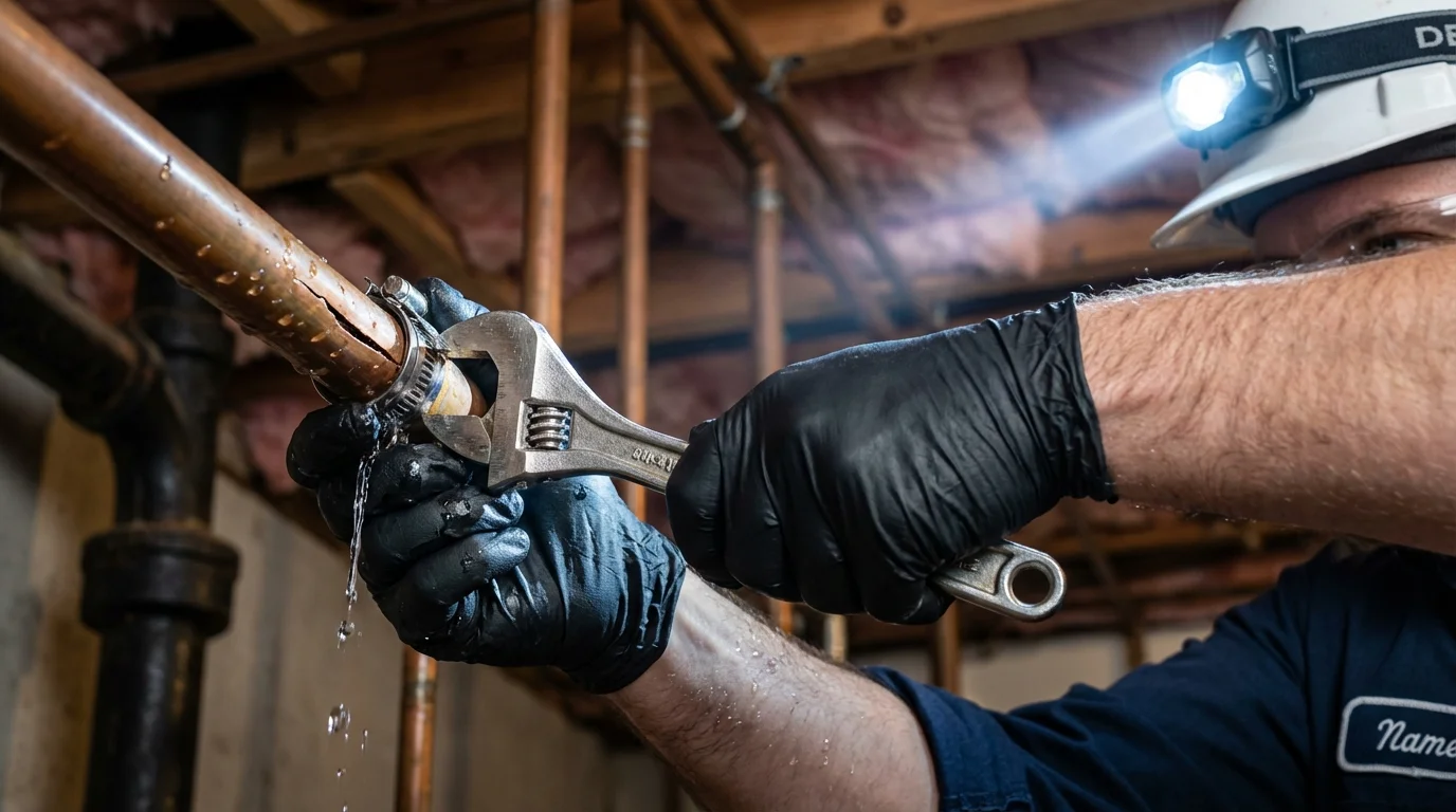 Emergency pipe clamp repair being performed by a Johns Plumbing LLC plumber in Lindsay