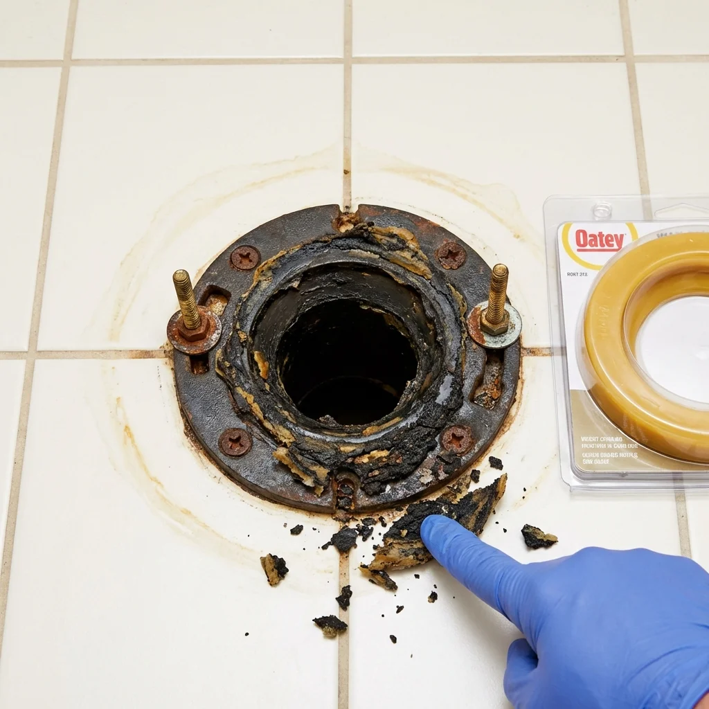 Failed wax ring showing water seepage at the base of a toilet in a Lindsay, OK home