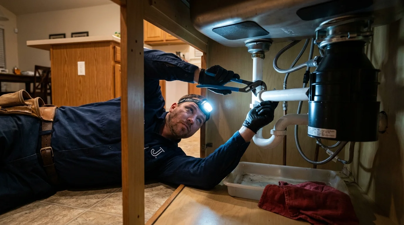 P-trap and supply line connections under a kitchen sink showing a common leak point in Lindsay, OK